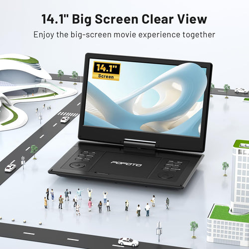 15.7" Portable DVD Player with 14.1" HD Swivel Screen, 6-Hour Rechargeable Battery, Dual Speakers, USB/SD/TV Sync, Supports Multiple Disc Formats, Black [Not Support Blu-Ray]